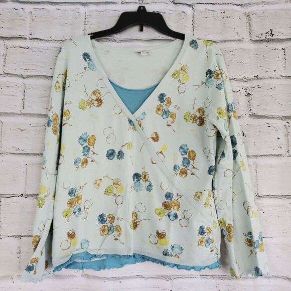 J Jill Wrap Front Floral Long Sleeve Blue Sweater Womens Size LP Large Petite... - Picture 1 of 8